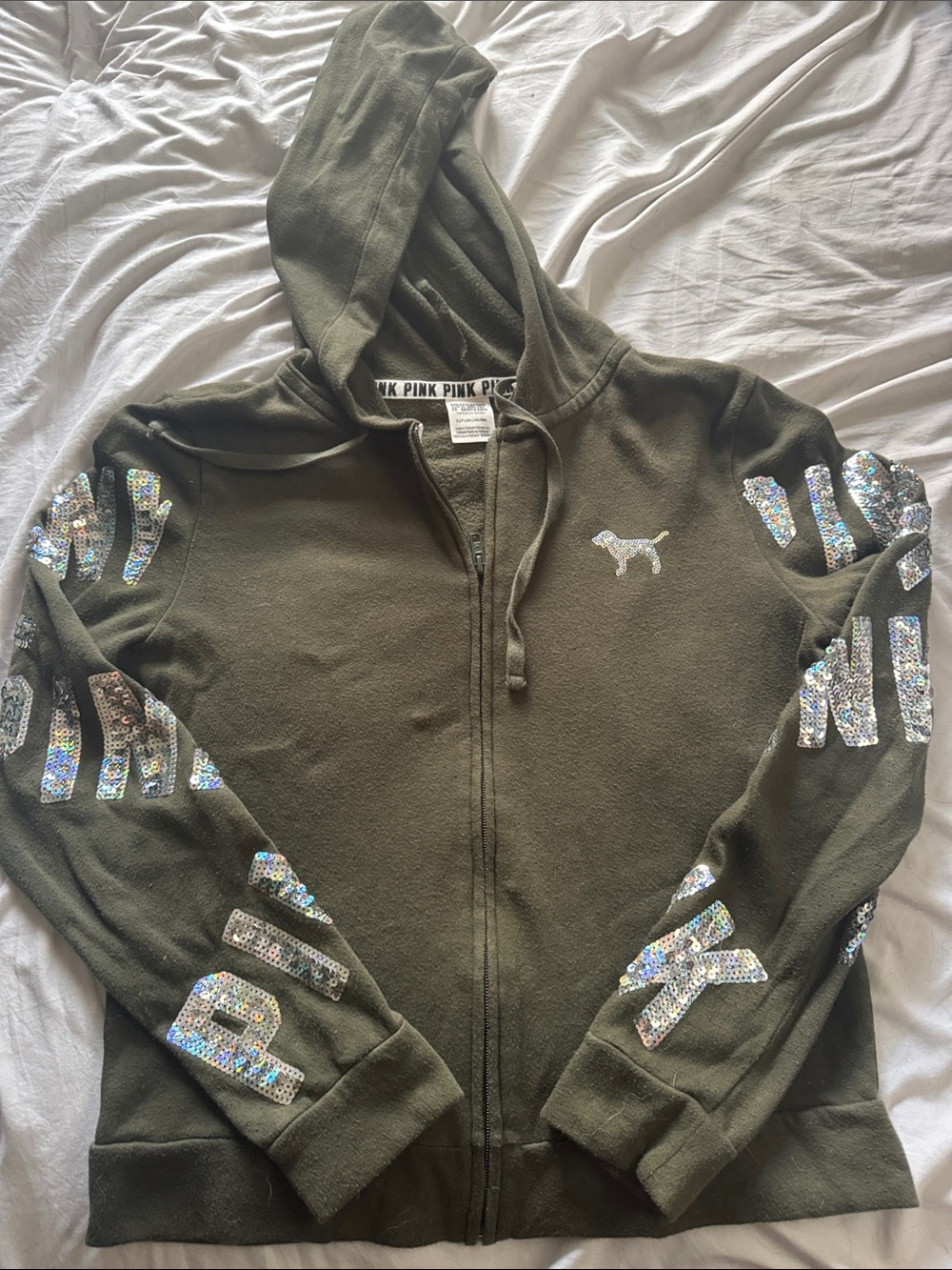 PINK Victoria's Secret Olive Sequin Logo Zip Hoodie